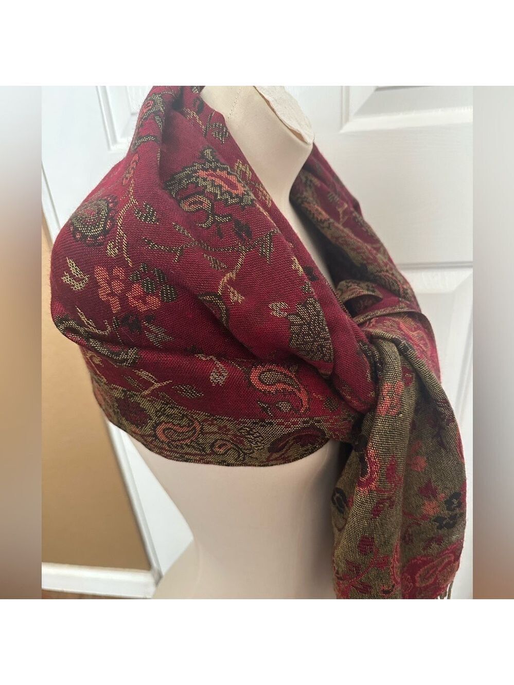 Luxurious Floral Red and Gold Wrap Scarf - Picture 2 of 4